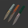 Three Modern Tactical Weapons With Silver Orange Green Handles And Serrated Sharp Blades 3d model