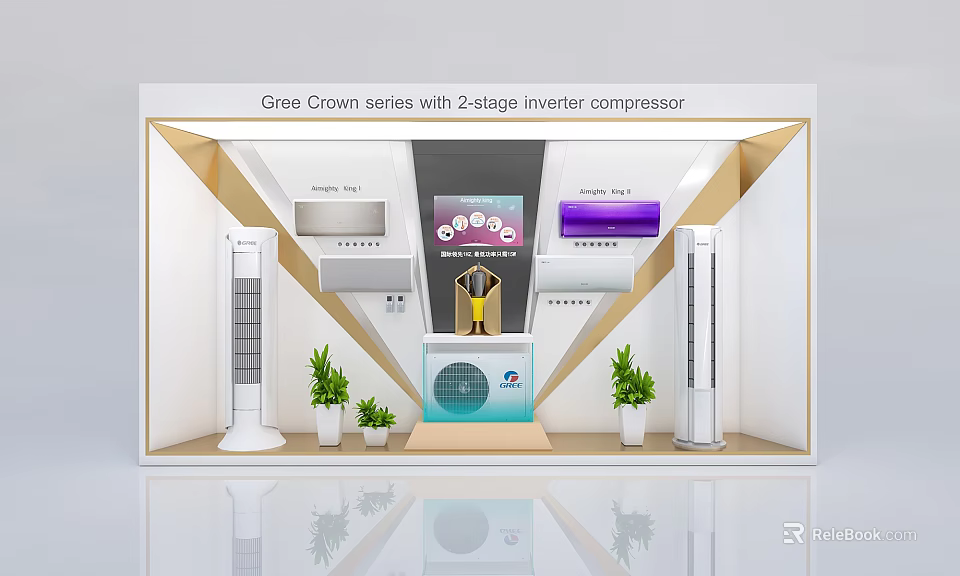 Gree Crown Series Exhibition Booth Featuring 2 Stage Inverter Compressor And Air Conditioners With Plants 3d model 