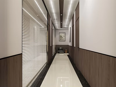 Modern Office Corridor With Wooden Paneling Polished Floor Recessed Lighting And Decorative Painting 3d model