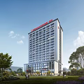 Modern High Rise Hospital Building With Red Signage Blue Sky White Clouds And Green Trees