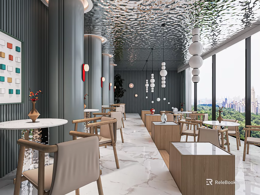 Modern Restaurant Interior With Shiny Ceiling Pendant Lights Marble Floor Large Windows And City View 3d model 