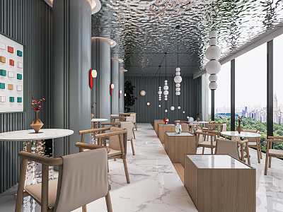 Modern Restaurant Interior With Shiny Ceiling Pendant Lights Marble Floor Large Windows And City View 3d model