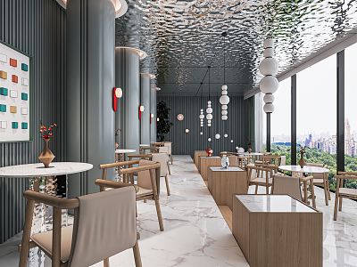 Modern Restaurant Tea Restaurant Dining Table and Chair Card Seat Area Hotel Hong Kong-style Background Chandelier 3d model