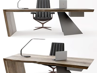 Modern Office Desk With Wooden Top Unique Design Laptop Desk Lamp And Black Leather Chair 3d model