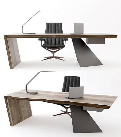 Modern Office Desk With Wooden Top Unique Design Laptop Desk Lamp And Black Leather Chair 3d model