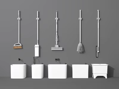 Organized Home Cleaning Tools Brooms Mops Brushes Hanging On Wall With White Containers 3d model