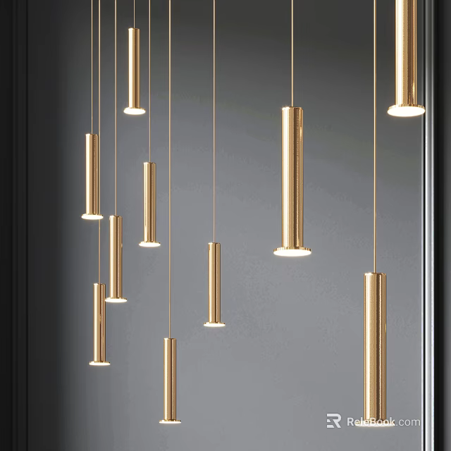Modern Gold Cylindrical Pendant Lights With Sleek Design Hanging In Contemporary Interior 3d model 