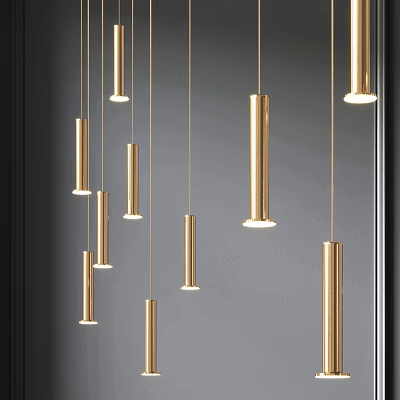 Modern Gold Cylindrical Pendant Lights With Sleek Design Hanging In Contemporary Interior 3d model