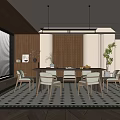Elegant Modern Restaurant Interior With Wooden Dining Table Pendant Lights And Beige Chairs