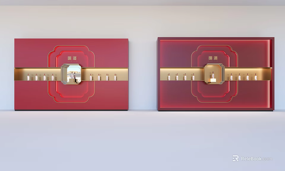 Red Background Wall With Golden Decorative Patterns And Symmetrical Traditional Chinese Design Elements 3d model 