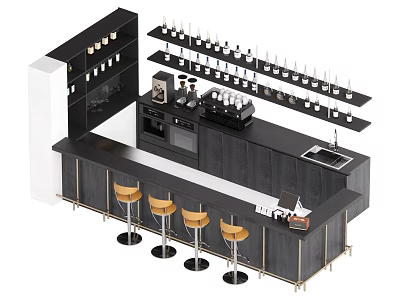 Modern Bar Counter Interior With Yellow Bar Stools Wine Racks Wine Bottles And Coffee Machine 3d model