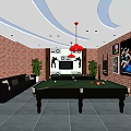 Billiard Room Interior With Multiple Tables Brick Walls Framed Posters And Red Pendant Lights