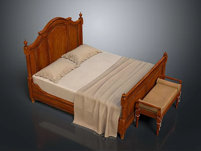 Classic Wooden Double Bed with Carved Headboard Footboard Light Sheet Pillows Blanket and Matching Stool 3d model