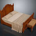 Classic Wooden Double Bed with Carved Headboard Footboard Light Sheet Pillows Blanket and Matching Stool