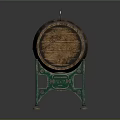 Decorative Ornament Set Featuring Wooden Barrel With Metal Hoops On Green Metal Stand Home Decor