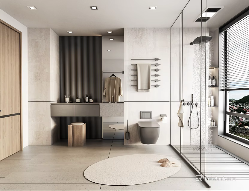 Modern Bathroom Interior Design With Glass Shower Partition Marble Vanity And Toilet 3d model 
