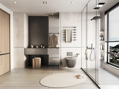 Modern Bathroom Interior Design With Glass Shower Partition Marble Vanity And Toilet 3d model