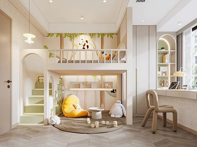 Kids Room Interior With Bunk Bed Green Vine Decor Lower Play Area And Study Desk 3d model