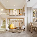 Kids Room Interior With Bunk Bed Green Vine Decor Lower Play Area And Study Desk