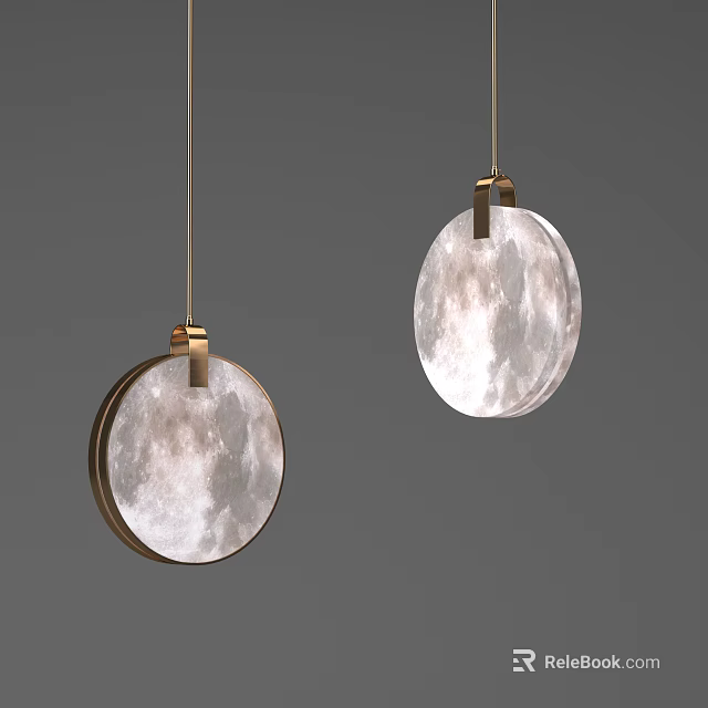 Modern Circular Moon Surface Pendant Lights with Golden Metal Details 3d model 