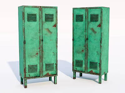Two Rustic Green Metal Lockers With Ventilation Grilles Cabinet Doors And Legs 3d model