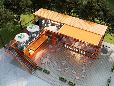 Commercial Street Featuring Orange Container Starbucks with Outdoor Seating Wooden Deck and Trees 3d model