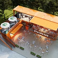 Commercial Street Featuring Orange Container Starbucks with Outdoor Seating Wooden Deck and Trees