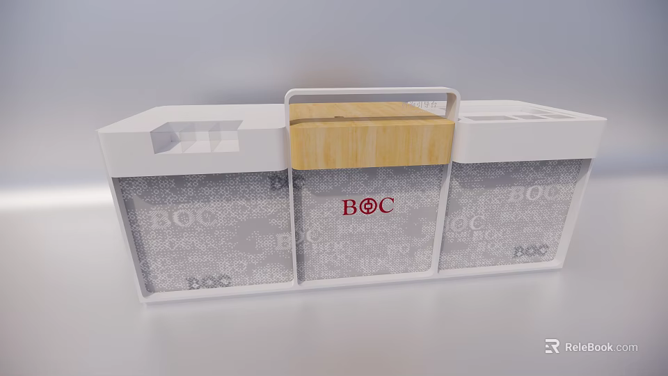 White Reception Desk With Wooden Top And BOC Logo On Glass Panels 3d model 