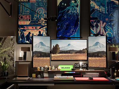 Entertainment Room Setup With Multiple Monitors Scenic Displays Art Posters And Potted Plant 3d model