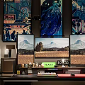 Entertainment Room Setup With Multiple Monitors Scenic Displays Art Posters And Potted Plant