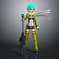 Anime Style Game Character With Teal Hair Green Outfit White Scarf And Rifle