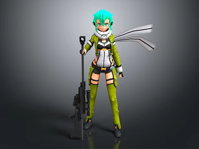Anime Style Game Character With Teal Hair Green Outfit White Scarf And Rifle 3d model