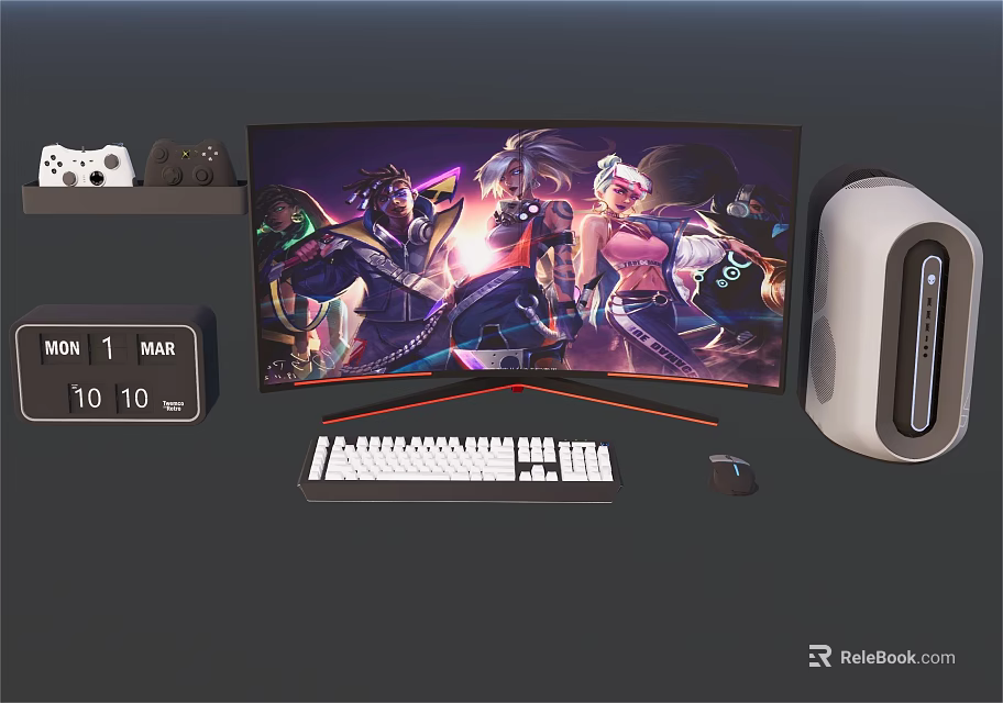 Gaming Computer Setup With Monitor Keyboard Mouse PC Tower Game Controller And Game Characters 3d model 