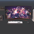 Gaming Computer Setup With Monitor Keyboard Mouse PC Tower Game Controller And Game Characters