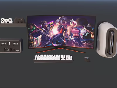 Gaming Computer Setup With Monitor Keyboard Mouse PC Tower Game Controller And Game Characters 3d model