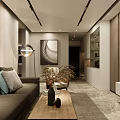 Modern Living Room Interior With Dark Sofa Throw Pillows Coffee Table And Abstract Painting