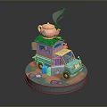 Colorful Food Truck Model with Pink Teapot on Top and Blue Design