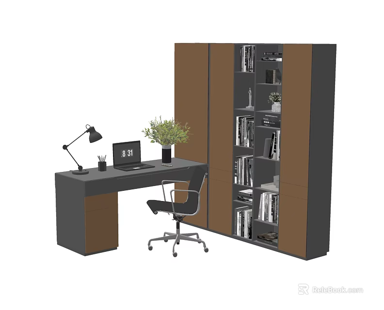 Modern Office Desk With Desk Lamp Laptop Potted Plant Black Office Chair And Tall Bookshelf 3d model 