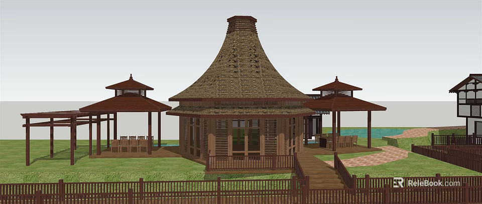 Traditional Style Building With Conical Thatched Roof And Wooden Pavilions By Lawn Waterfront 3d model 
