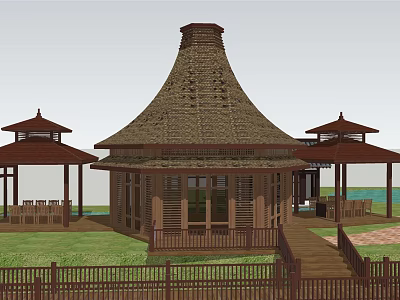Traditional Style Building With Conical Thatched Roof And Wooden Pavilions By Lawn Waterfront 3d model