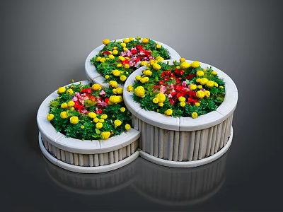 Three Circular Wooden Planters With Lush Yellow And Red Flowers And Green Plants 3d model