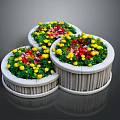 Three Circular Wooden Planters With Lush Yellow And Red Flowers And Green Plants