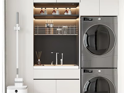 Modern Laundry Room With Stacked Washer Dryer Sink And Storage Shelves 3d model