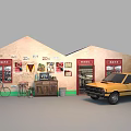 Nostalgic Vintage Art Installation with Brick Wall Old Street Signs Posters Bicycle and TV