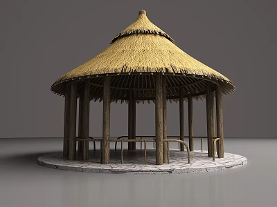 Traditional Thatched Roof Gazebo With Wooden Pillars And Circular Stone Base 3d model
