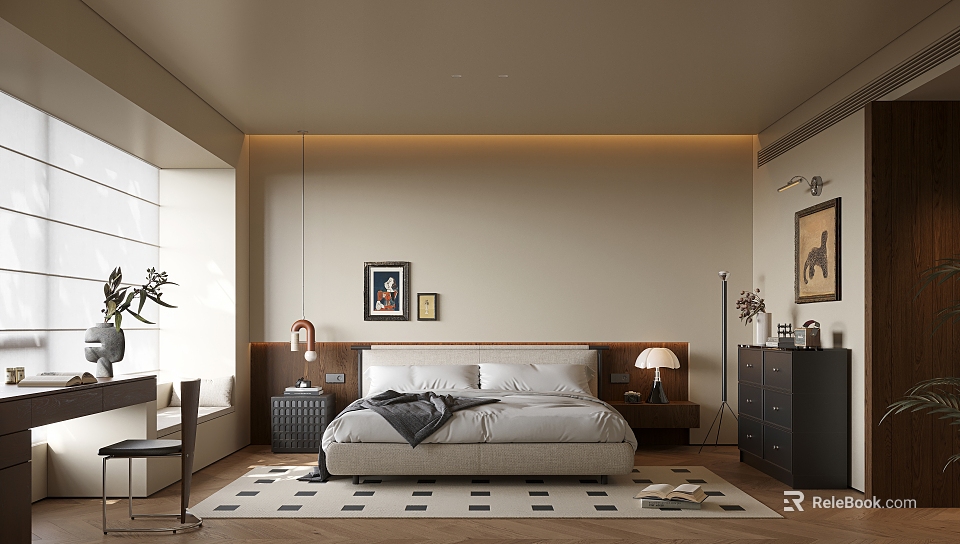 Modern Bedroom Interior With Bed Nightstands Table Lamps Decorative Art And Black White Geometric Rug 3d model 