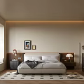 Modern Bedroom Interior With Bed Nightstands Table Lamps Decorative Art And Black White Geometric Rug