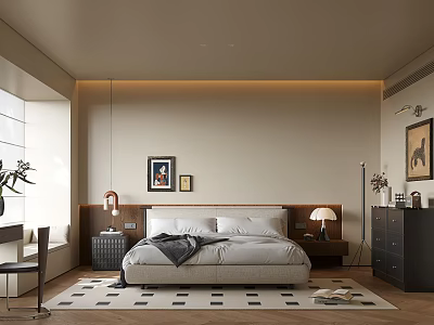 Modern Bedroom Interior With Bed Nightstands Table Lamps Decorative Art And Black White Geometric Rug 3d model