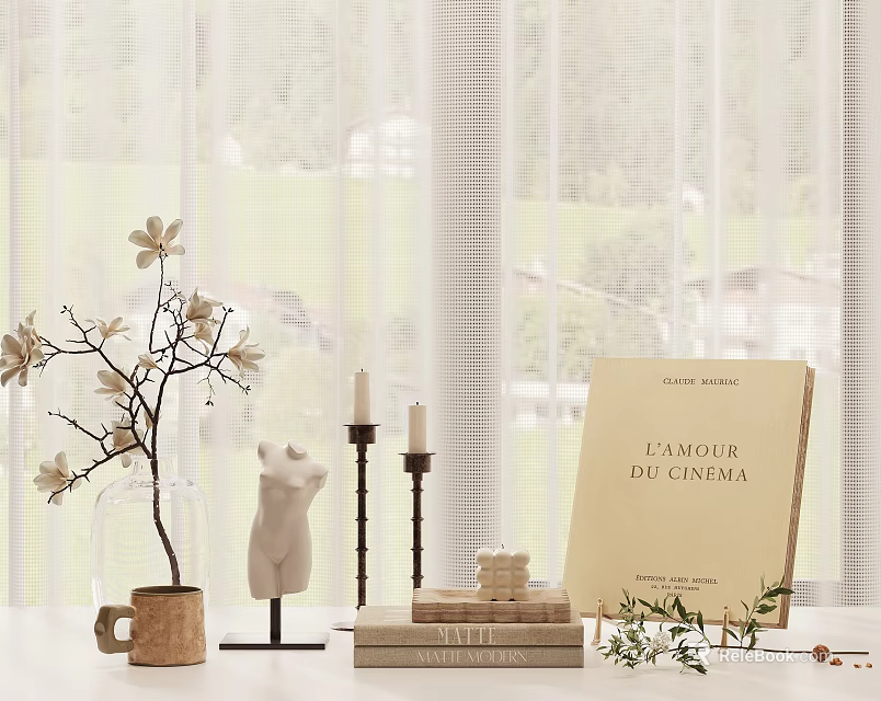 Natural Elegant Tabletop Decorative Ornament Set With Magnolia Branch Candles And Books 3d model 