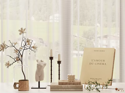 Natural Elegant Tabletop Decorative Ornament Set With Magnolia Branch Candles And Books 3d model